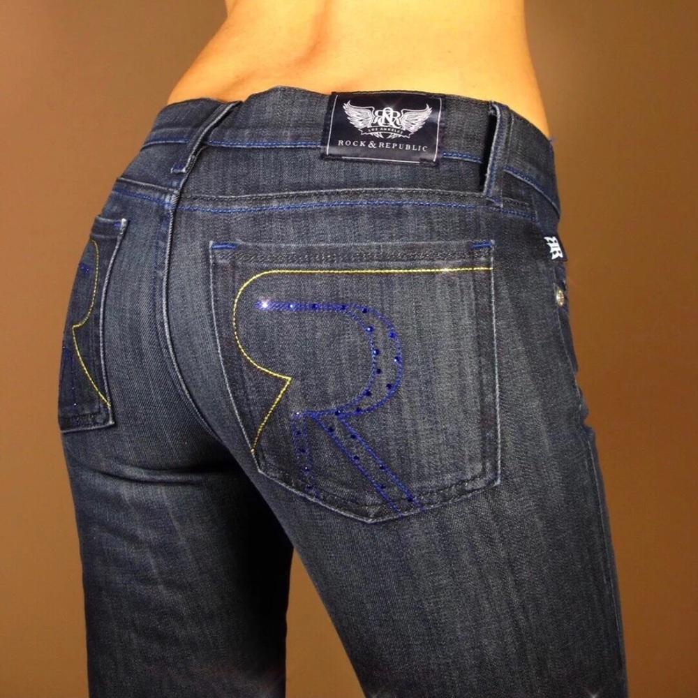 Rock&Republic Straight Leg Crystal R 💎 Y2K Low Rise Vintage Jeans size 26 28 29